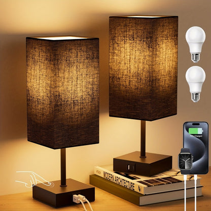 Bedside Lamps Set of 2 3-Way Dimmable Touch Nightstand Lamp USB-C A Charging Port LED Bulb for Entryways, Bedrooms and Living Spaces