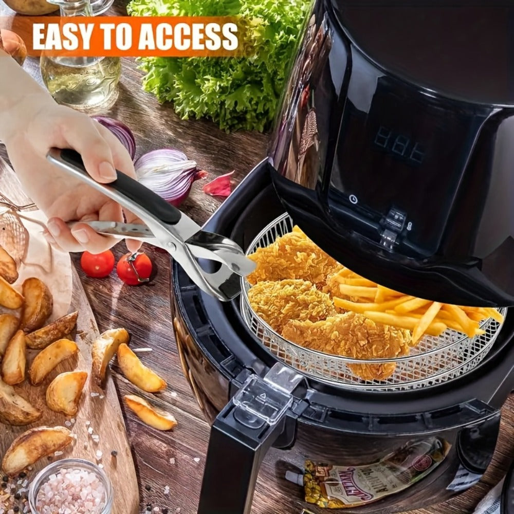 Seven-Piece Round Air Fryer Rack Set with Three Stackable Trays, One Handling Tool and Three Grips