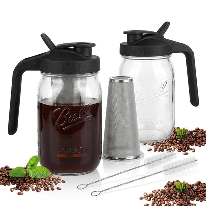 Cold Brew Coffee Pot Set with Stainless Steel Filters & Cleaning Brush – 32oz Glass Mason Jar Cold Brew Maker for Home