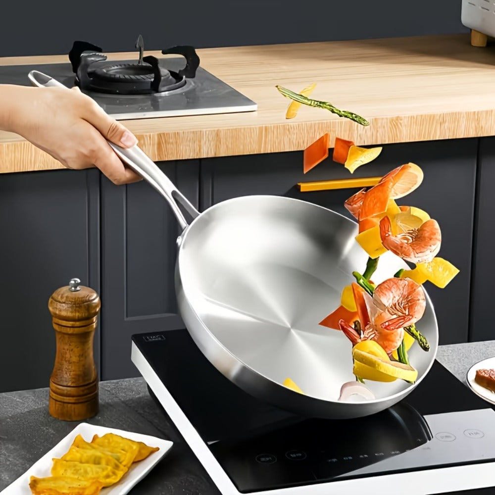 304 Stainless Steel Frying Pan 11 Inch Triply Base, Handle Even Heat Distribution for Home Cooking, Dining and Outdoor Meals