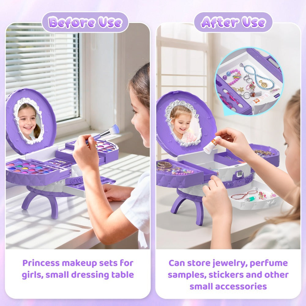 Girls Makeup Set with Dressing Table & Mirror - Princess Pretend Play Vanity Toy for Kids Ages 3-12