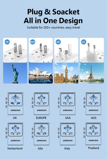65W Universal Travel Adapter with 4 USB Ports - 2 USB-C & 2 USB-A Fast Charging, US EU UK AU Plugs