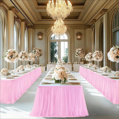 Six-Foot Gathered Tulle Table Skirt with Ten Solid or Multicolor Options for Parties and Events