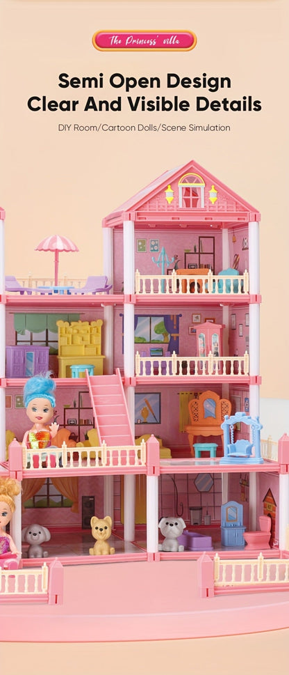 Princess Doll House Castle with Furniture & Accessories, Pink or Blue Mini Villa Playset 14 to 27 Rooms