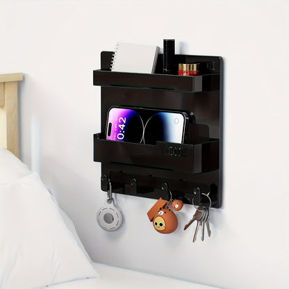 Self-Adhesive Bedside Wall Organizer Shelf with Dual Trays, Five Hooks and Black or White Finish