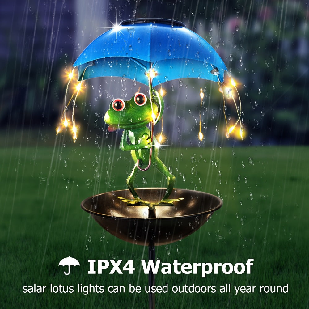 Solar Garden Decor Frog with Umbrella LED Light, Iron Frog Outdoor Statue with Solar Powered LED