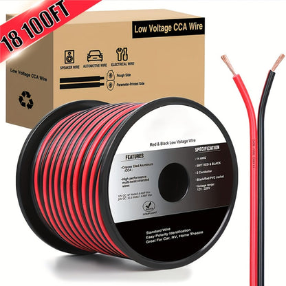 CCA Speaker Wire 16AWG – Red & Black Copper Clad Aluminum 2-Conductor DC Cable for Car Audio, Radio, Amplifier & Home LED Strip Lights