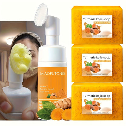 Turmeric Vitamin C Facial Cleansing Kit Face Wash Foam Soap Bars Set Nourishing Gentle for Bath Time, Home Spa and Personal Care
