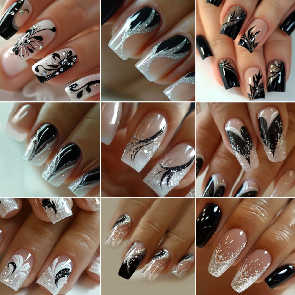 Press On Nails 216-Piece Medium Square Black White 3D Butterfly Marble Set with Jelly Glue and File
