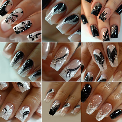 Press On Nails 216-Piece Medium Square Black White 3D Butterfly Marble Set with Jelly Glue and File