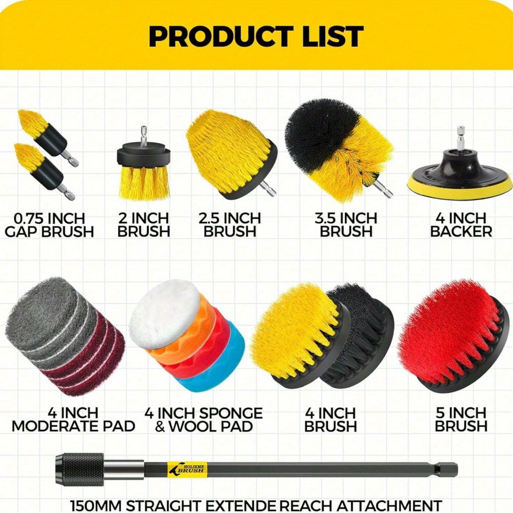 Drill Brush Attachment Set 20 Pack Power Scrubber Brushes Scrub Pads Sponge Buffing Pads with Extension Rod for Bathroom Kitchen Car