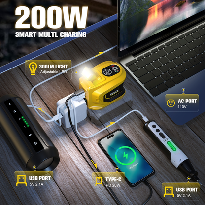 Battery Inverter for Dewalt 20V & 18V - 200W/350W/550W DC to AC 110V, USB, Type-C & AC Outlet, LED Work Light