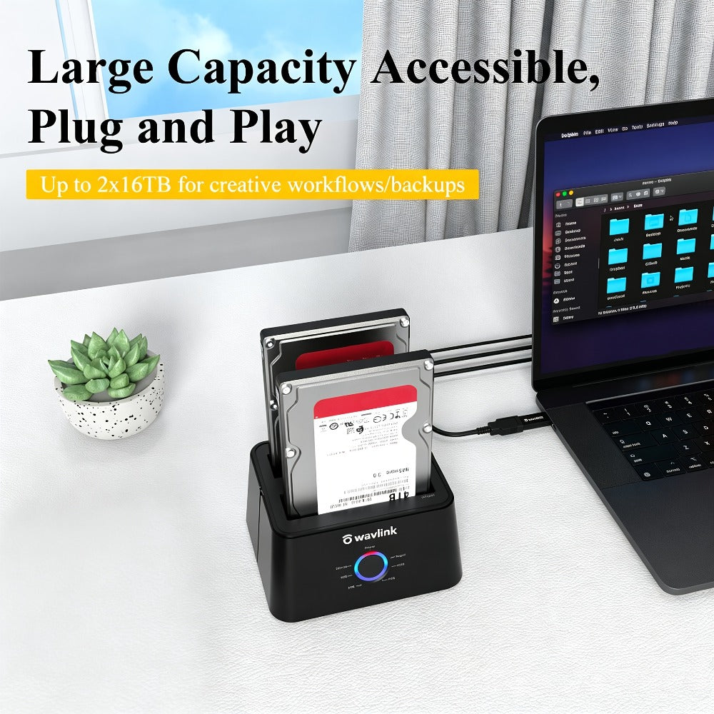 Dual Bay Hard Drive Docking Station USB 3.0 to SATA with Offline Clone Function, Wavlink Tool-Free Dock for 2.5/3.5 Inch HDD SSD