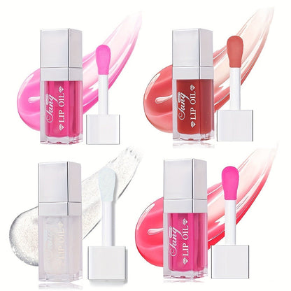 Glossy Lip Oil Set 4 Pack Moisturizing Plumping Transparent Volumizing Lip Treatment Non-Sticky Long-Lasting Lip Gloss Oil for Soft Hydrated