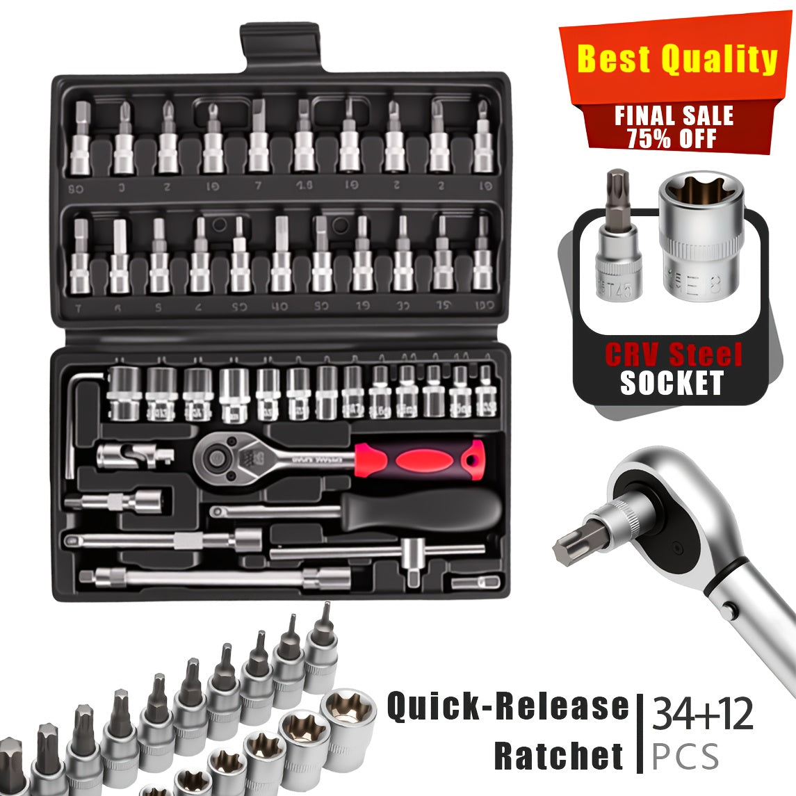 Torx Star Bit Socket Set 34/46-Piece – 3/8" Drive CR-V E-Socket E4-E20, T10-T60, Tamper-Proof TT10-TT55, S2 Steel, 5/16"F to 3/8"M Adapter
