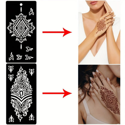 Nine-Sheet Reusable Tattoo Stencil Set with Long Floral and Henna-Style Pattern Cards in HN1 or HN2