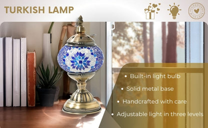 Turkish Moroccan Mosaic Table Lamp Handmade Crystal Glass Spherical Shade 3-Color Adjustable for Entryways, Bedrooms and Living Spaces