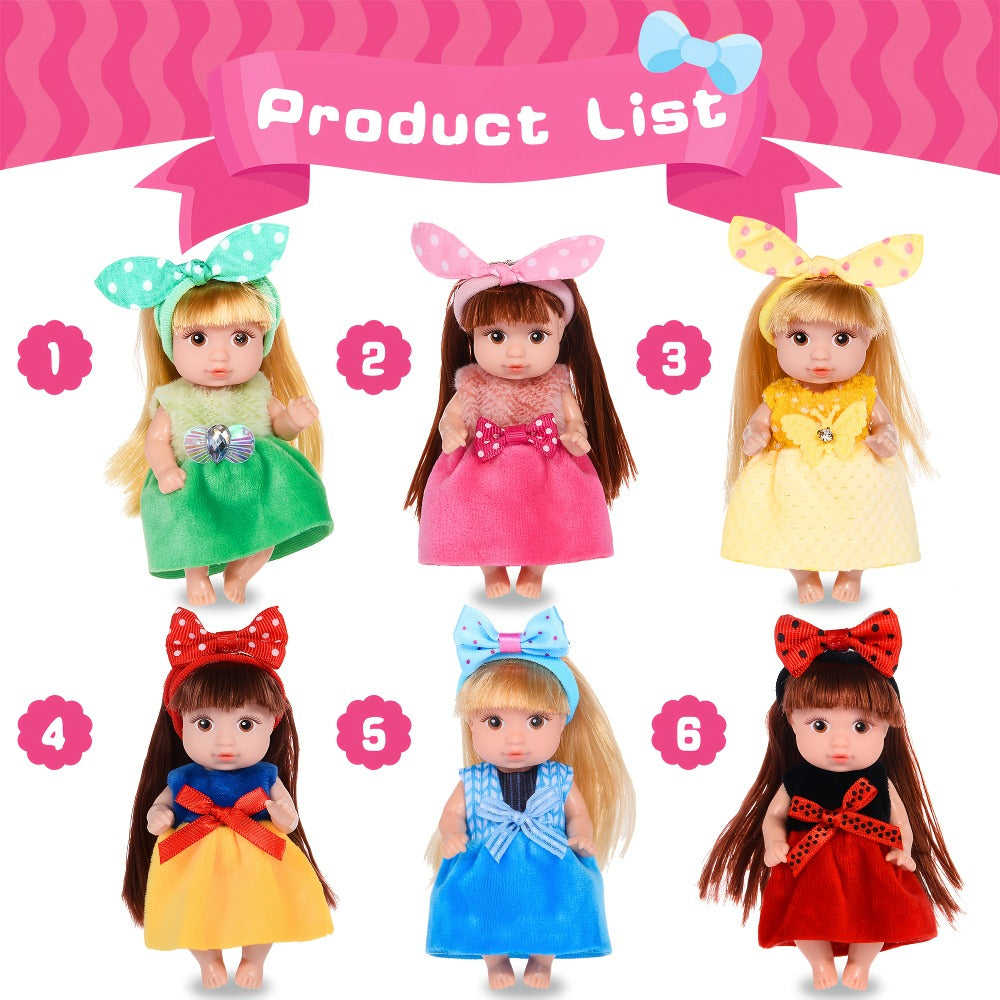 Mini Fashion Dolls Set of 6, 4-Inch Poseable Collectible Dolls with Glitter Eyes, Stylish Hair & Cute Outfits