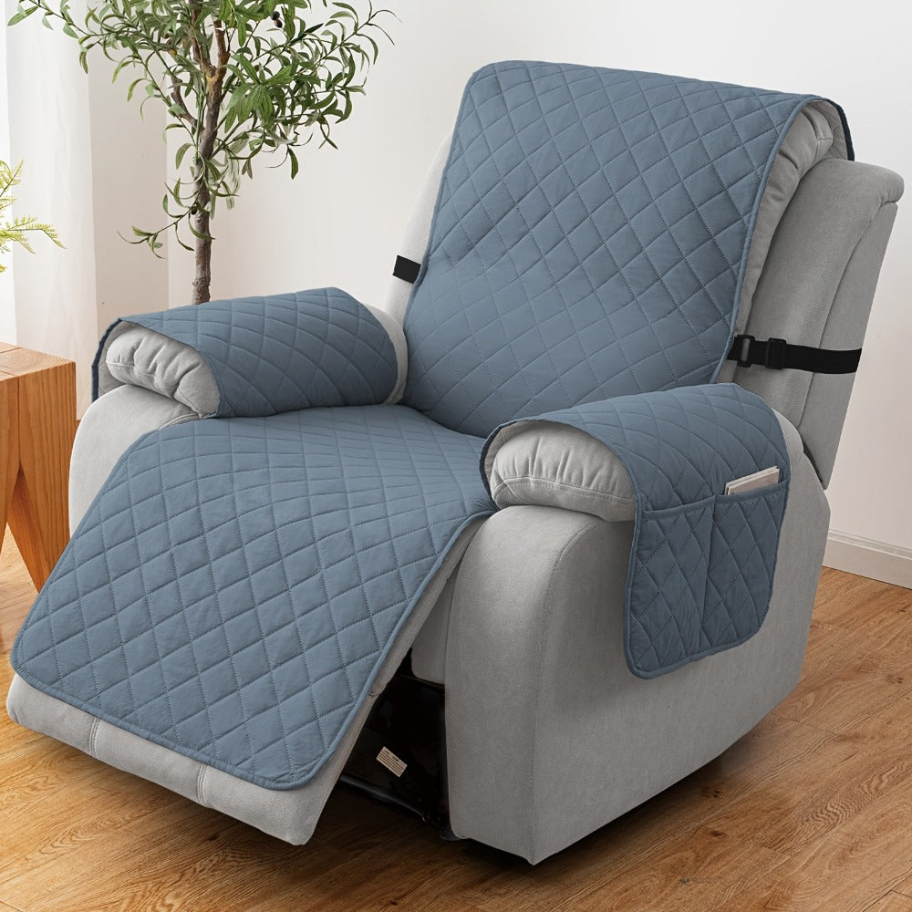 Diamond-Quilted One-Piece Recliner Chair Cover with Side Pocket, Buckle Strap and Eight Colors