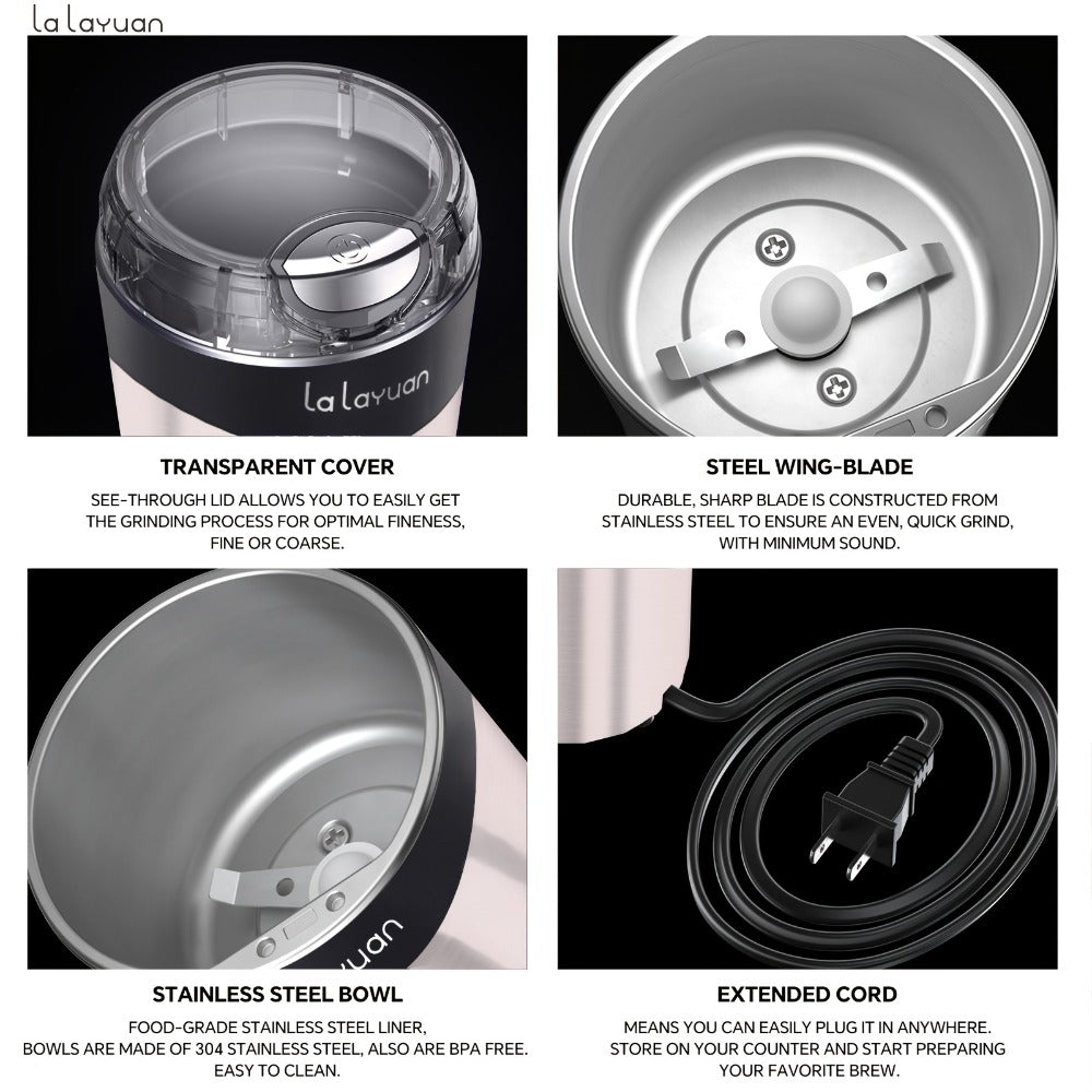 200W-Labeled Electric Coffee Grinder with Press-Lid Control, Two-Leaf Blade and Three Housing Options
