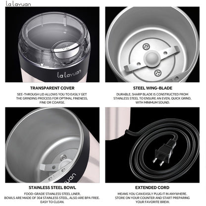 200W-Labeled Electric Coffee Grinder with Press-Lid Control, Two-Leaf Blade and Three Housing Options