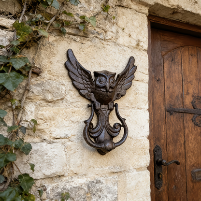 Owl Door Knocker Heavy Duty Cast Iron Winged Old Country Style Feather Detail Rustic Home Entryway Decoration Craft Gift