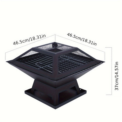 18.5-Inch Black Square Fire Pit and Grill with Mesh Pyramid Cover, Cooking Grate and Long Poker