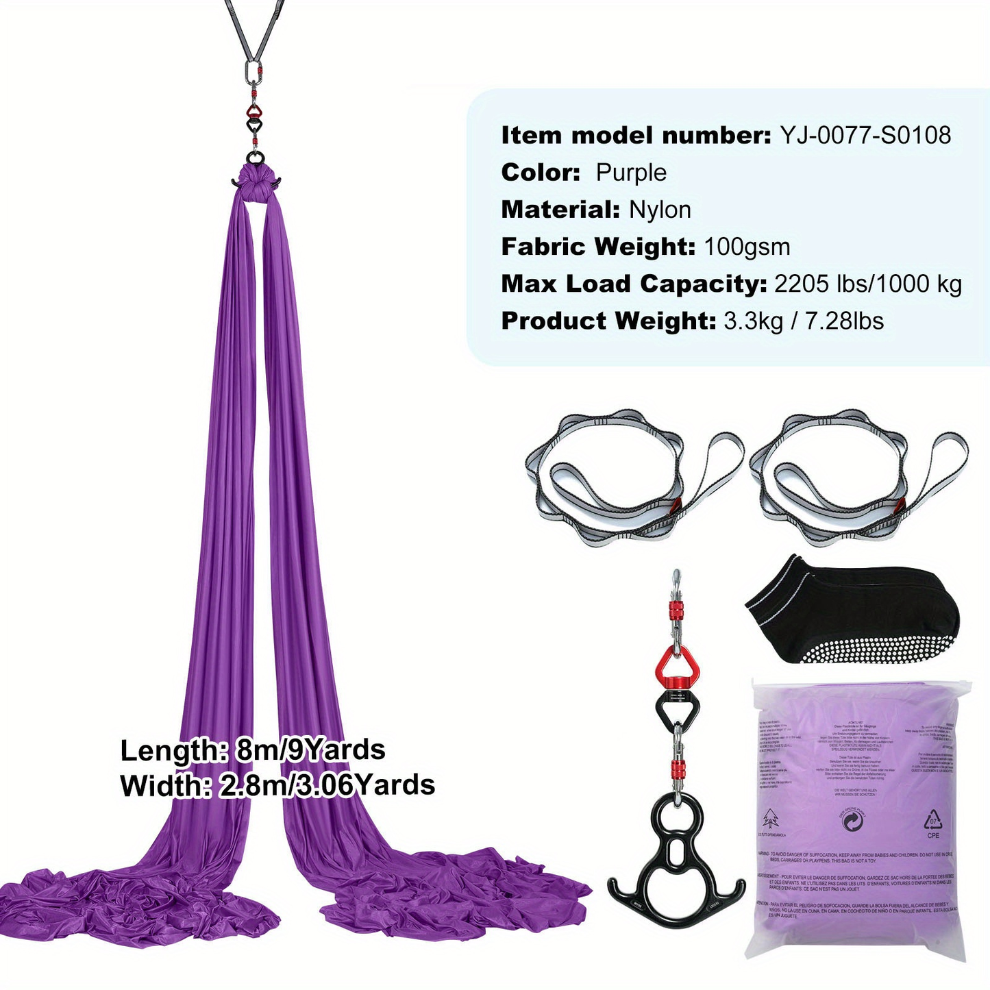 Aerial Yoga Hammock Kit 8.7 Yards – 100GSM Nylon Anti-Gravity Yoga Swing with Full Rigging Hardware, Aerial Silk for All Levels