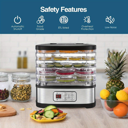 Food Dehydrator Machine 5 Tray 240W LED Digital Touchscreen Adjustable Temperature 95-158F for Entryways, Bedrooms and Living Spaces