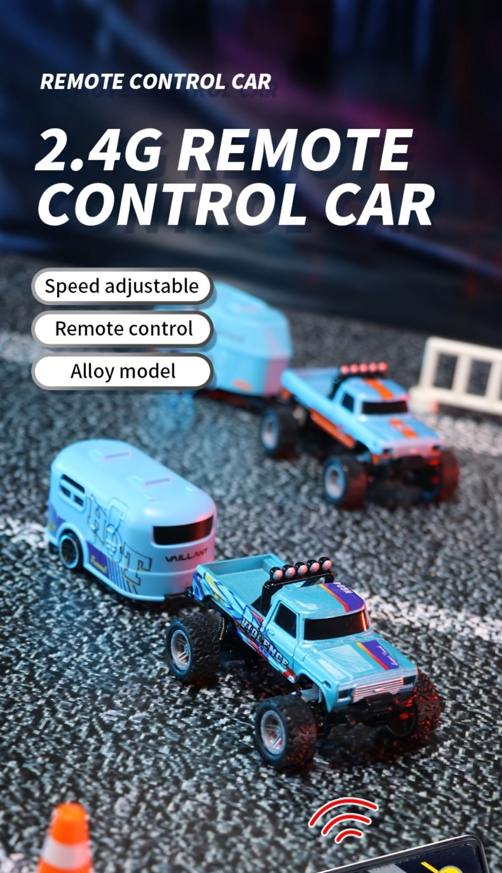 Mini RC Monster Truck 1:64 Scale with Matching Trailer, 2.4GHz Controller, LED Details and Three Color Options