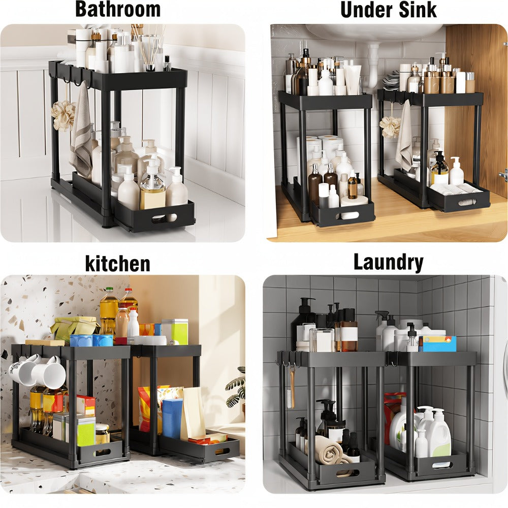 Under Sink Storage Organizer 2-Piece Double-Tier Sliding Basket with 8 Hooks in Four Color Styles