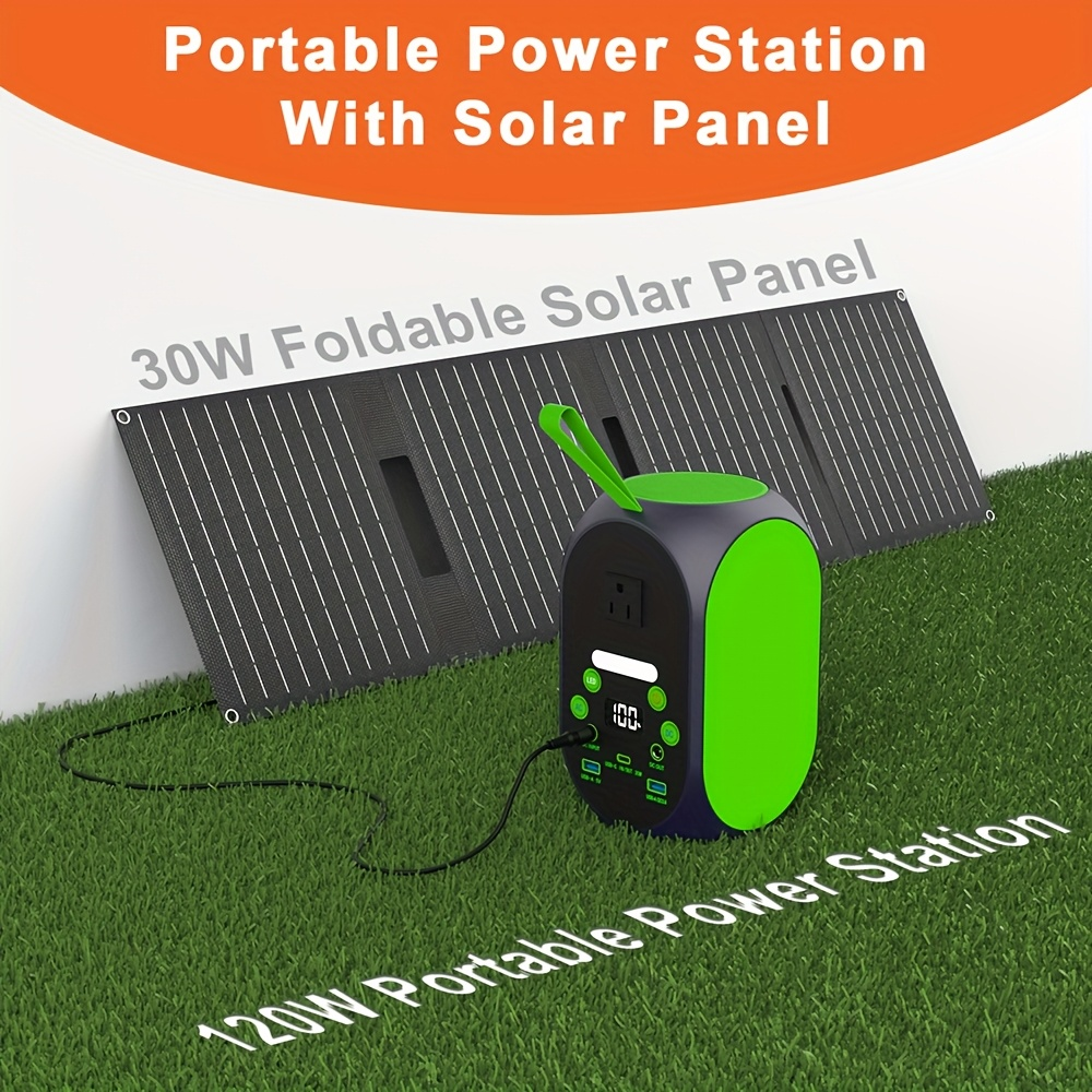 Power Station with Solar Panel, 99.84Wh 120W LiFePO4 Unit with 30W Foldable Solar Panel and Five Outputs
