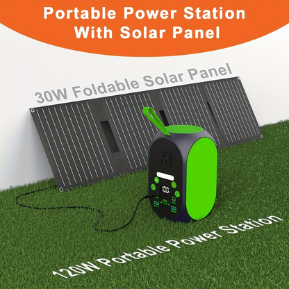 Power Station with Solar Panel, 99.84Wh 120W LiFePO4 Unit with 30W Foldable Solar Panel and Five Outputs