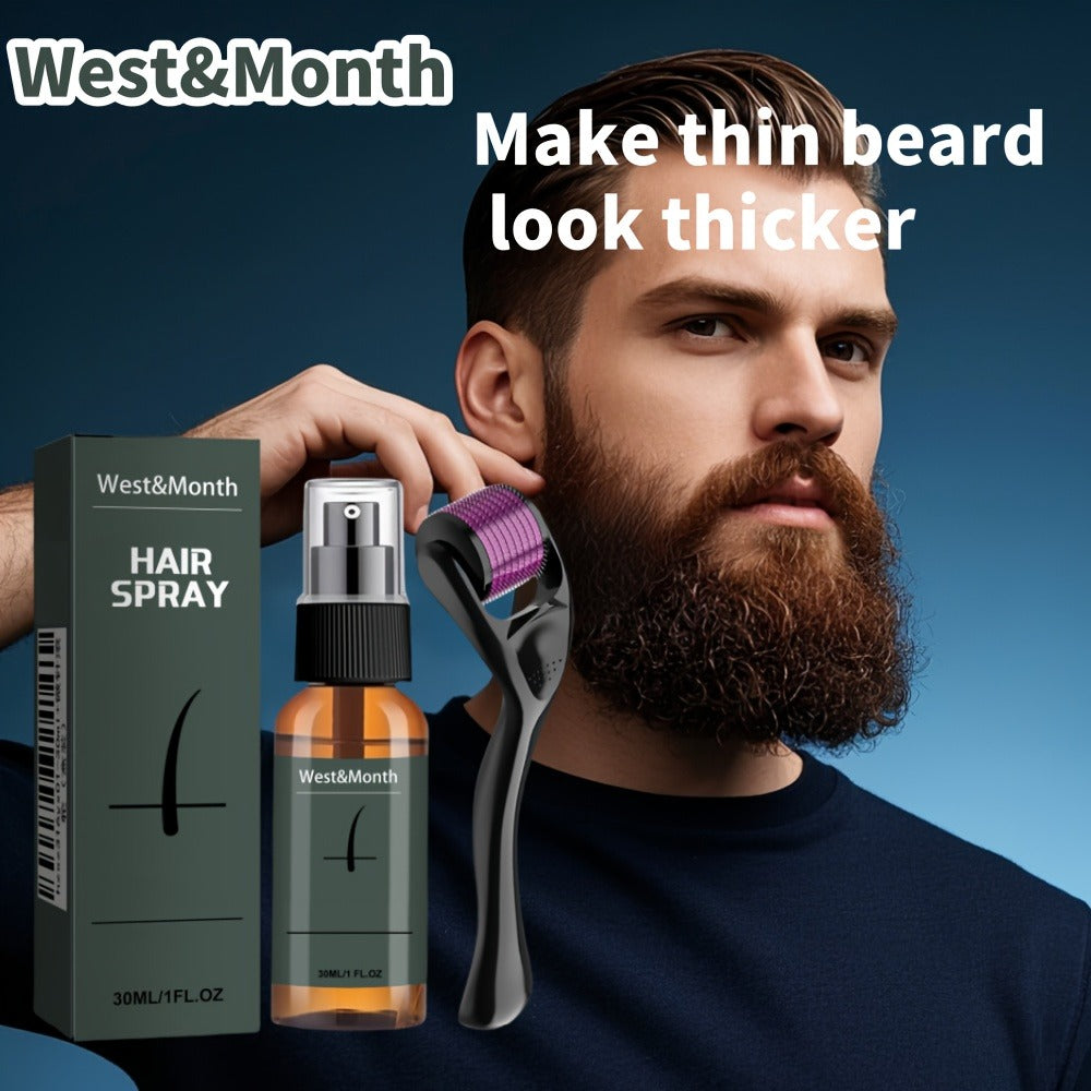 Beard Growth Spray Kit for Men 30ml Ginseng Ginger Extract Beard Moisturizer with 0.25mm Microneedle Derma Roller for Fuller Thicker