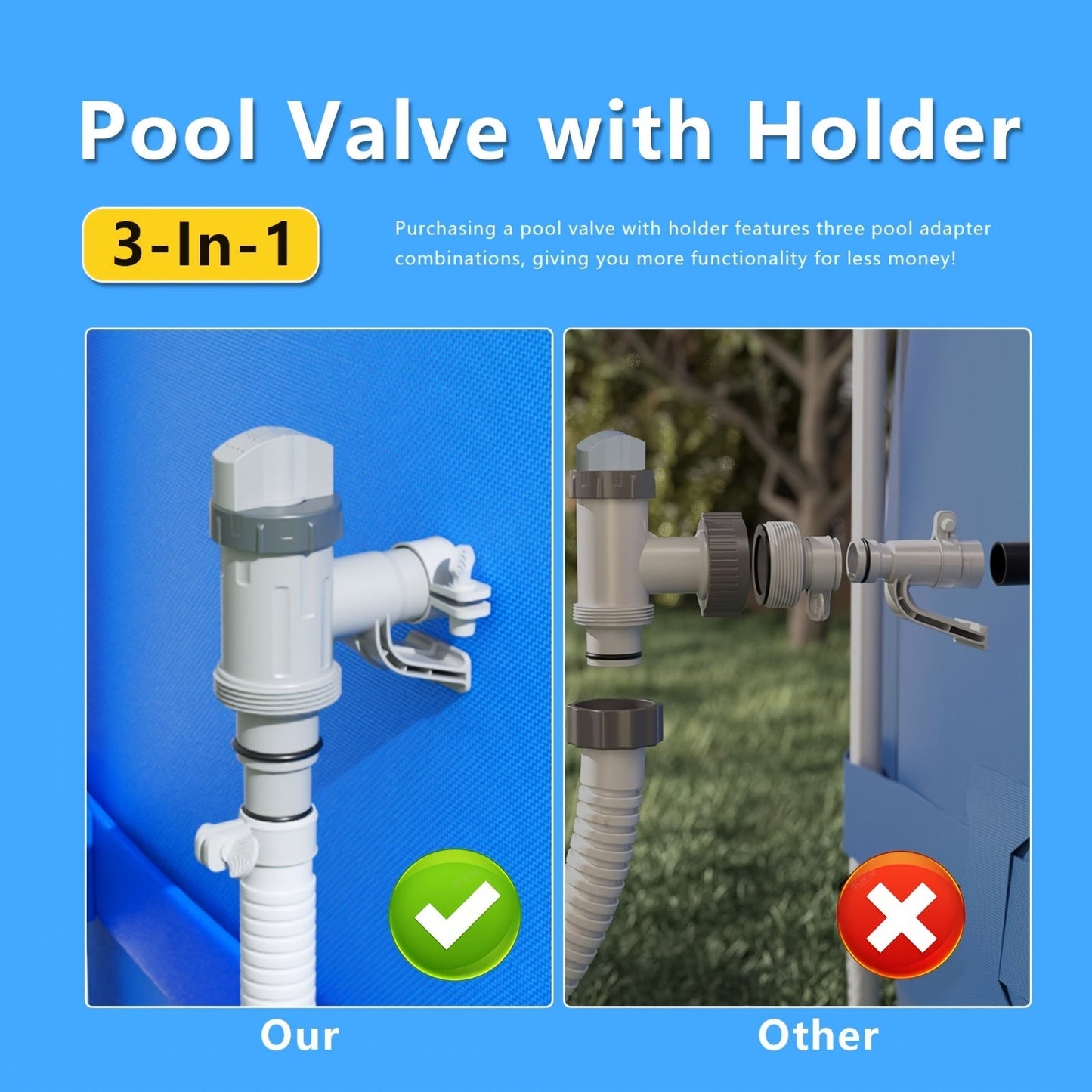 Pool Plunger Valve with Holder for Garden, Patio and Yard Use, with the Listed Configuration
