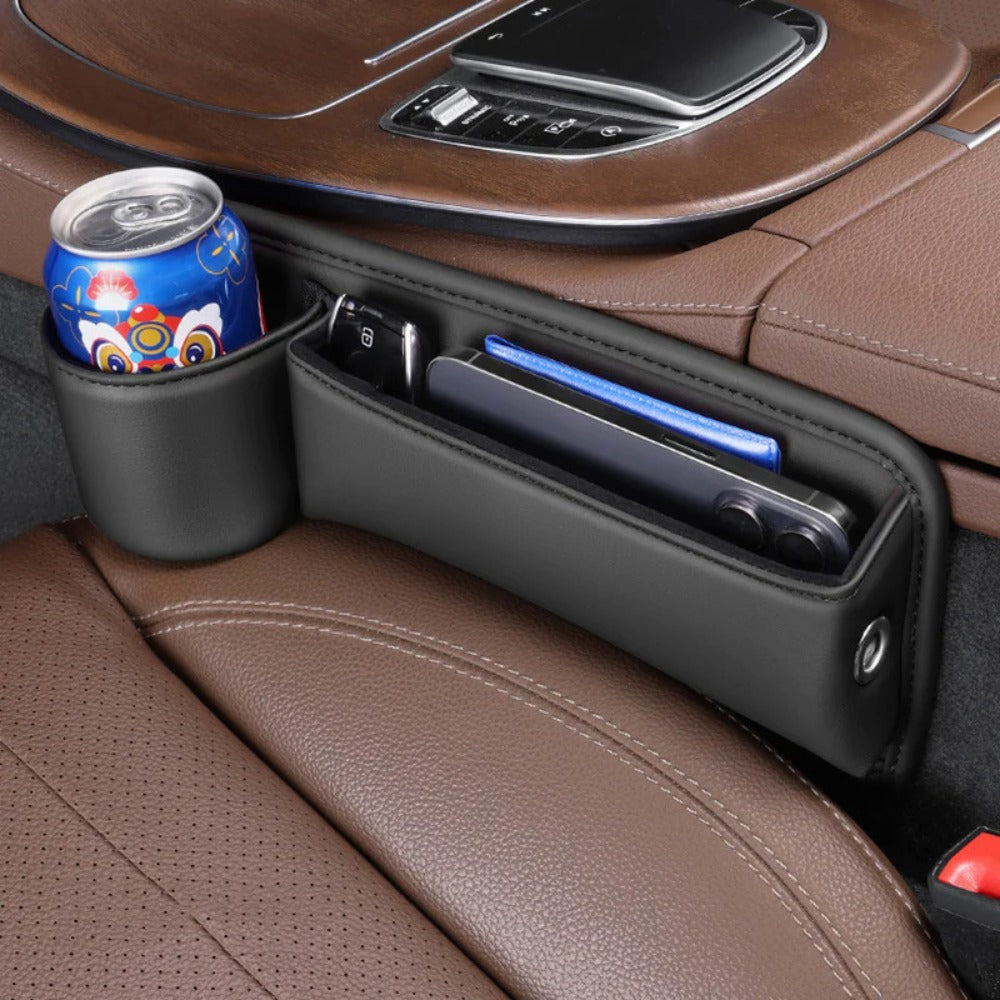 Seat-Gap Car Organizer with Cup Recess and Phone Storage in Four Color Pairs or Left-Side Black Pack