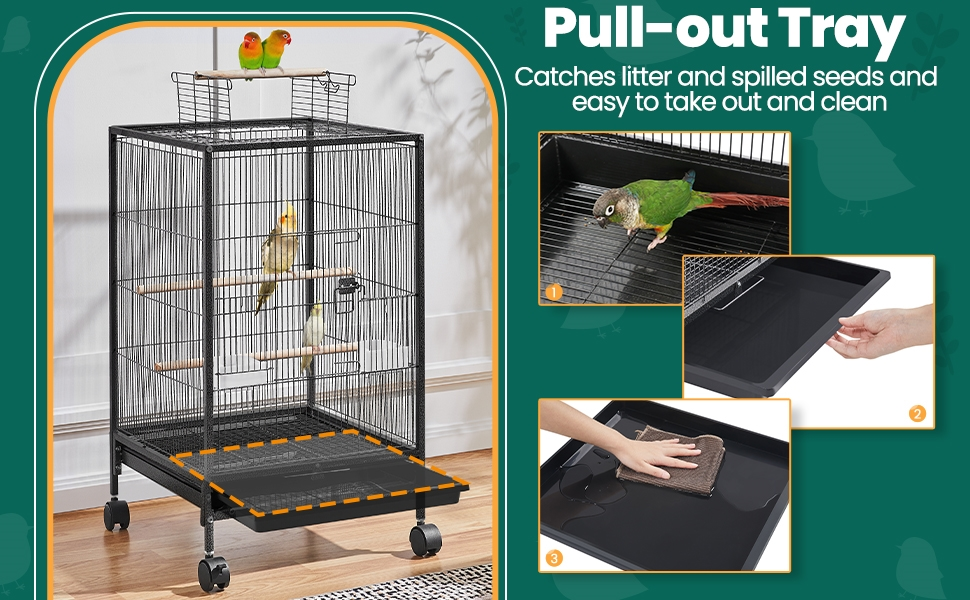 Bird Cage with Rolling Stand Open Top 31 Inch Wrought Iron Black – Slide Out Tray Feeder Doors, for Everyday Bird and Small Animal Care