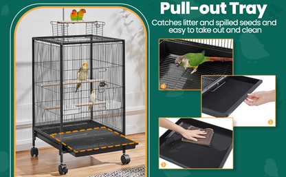 Bird Cage with Rolling Stand Open Top 31 Inch Wrought Iron Black – Slide Out Tray Feeder Doors, for Everyday Bird and Small Animal Care