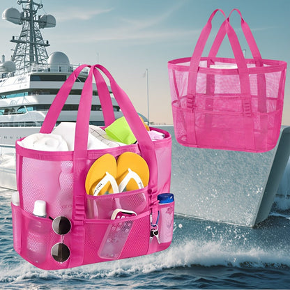 Four-Color Mesh Beach Tote Bag with Open Top, Twin Handles and Multiple Exterior Storage Pockets
