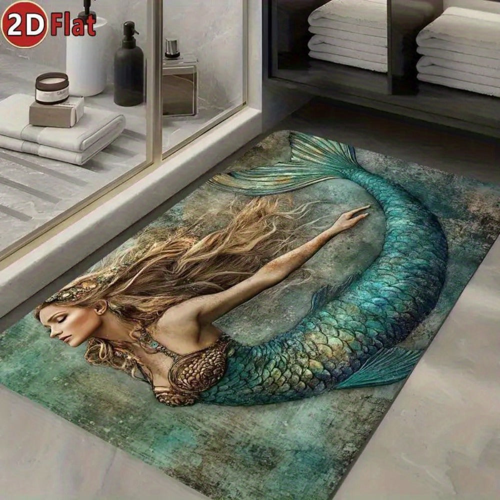 Mermaid Print Rectangular Bath Mat with Teal Ocean Artwork and 31 × 20 Inch Size for Bathroom Floor Decor