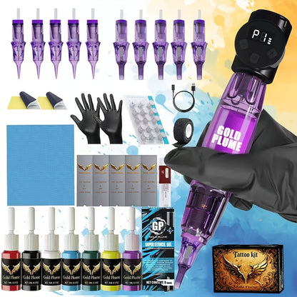 Tattoo Machine Kit GOLDPLUME TM-60 Wireless Rotary Pen with 1100mAh Battery, 10 Cartridges and 7 Ink Bottles