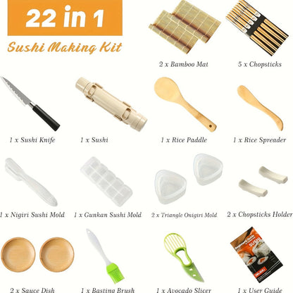 Sushi Making Kit 22-in-1 with Bamboo Rolling Mats Chef Knife Triangle Nigiri Gunkan Molds Chopsticks Beginner Guide
