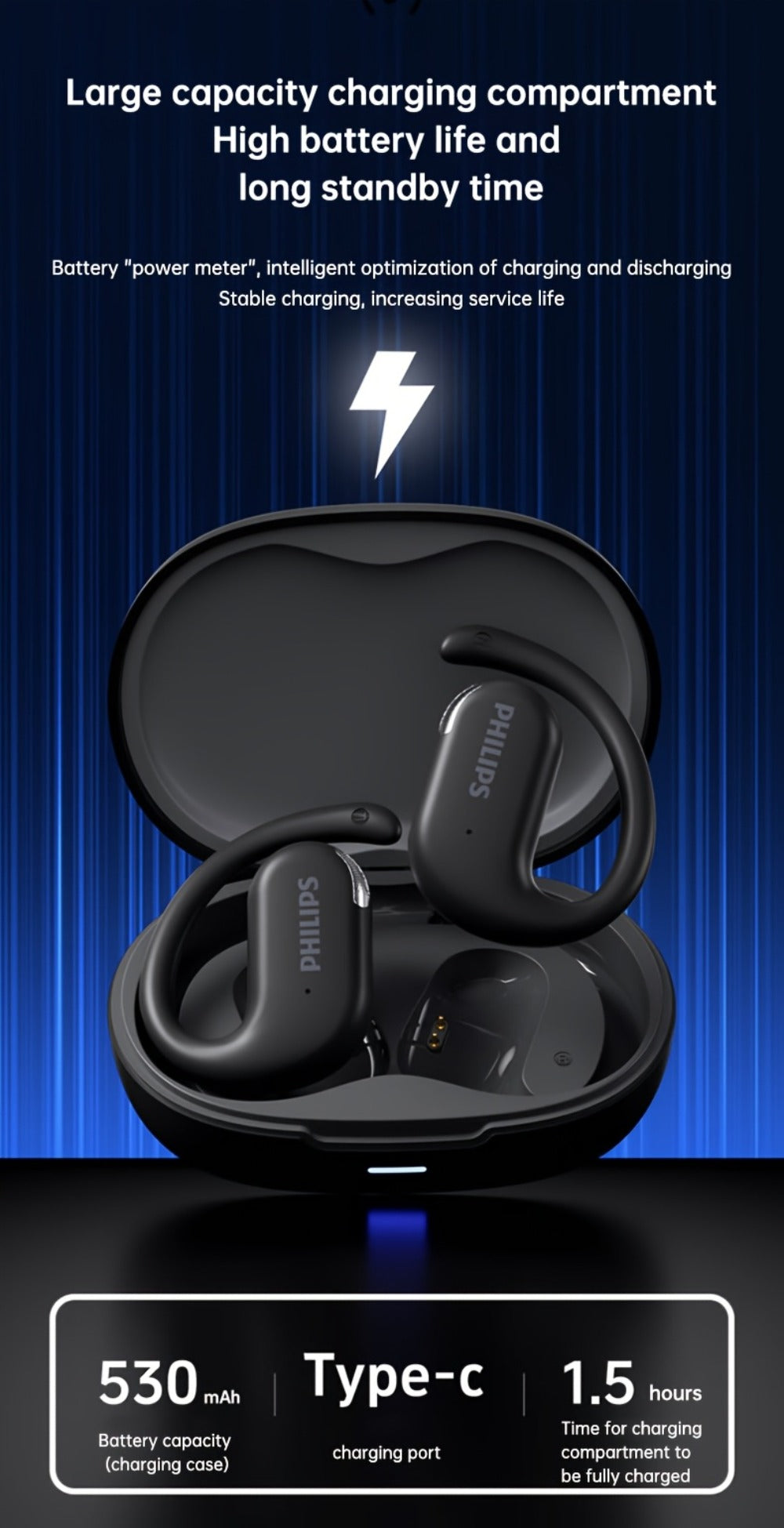 Philips TAT2739 Open Air Earbuds Wireless Bluetooth 5.3 Ear Hook Headphones with Wireless Charging Case