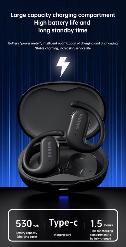Philips TAT2739 Open Air Earbuds Wireless Bluetooth 5.3 Ear Hook Headphones with Wireless Charging Case