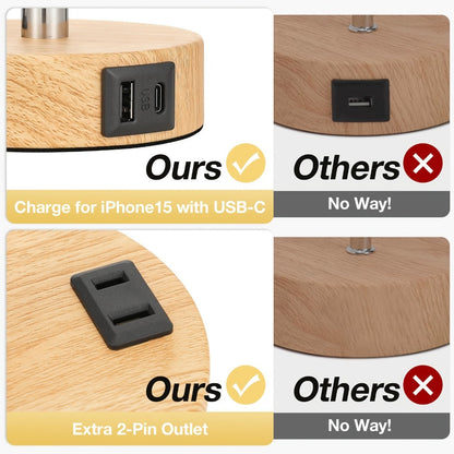 Table Lamp HOODINK with Cylindrical Shade, 3-Way Touch Dimming, USB-A, USB-C, AC Outlet and One or Two-Pack Options