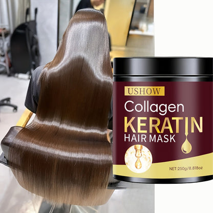 USHOW 250g Collagen and Keratin Hair Mask in Round Jar with Black Screw-Top Lid and Gold-Trim Label