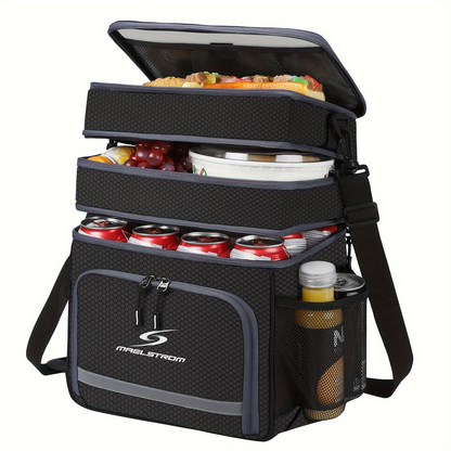 19L Triple-Compartment Lunch Bag with Three Stacked Zippers, Shoulder Strap and Four Color Options