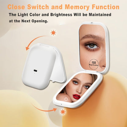 Rechargeable Pink or White LED Compact Mirror with 1X and 10X Views, Three Light Modes and Touch Dimming
