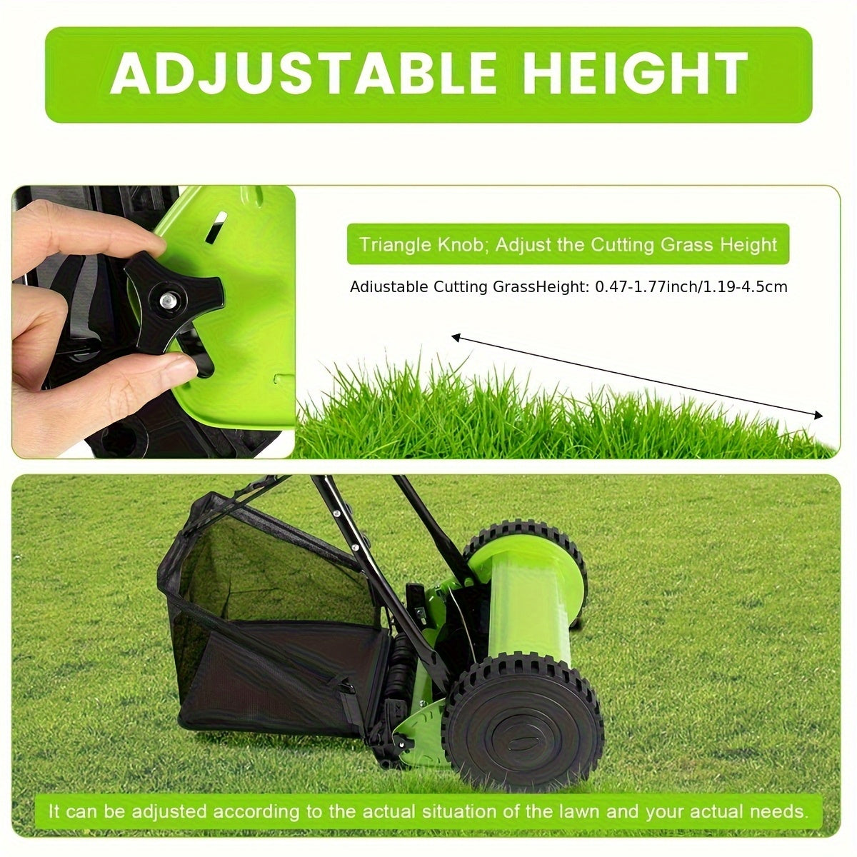 Manual Reel Lawn Mower 5-Blade Push Mower 11.8-Inch Cutting Width Adjustable Height 0.47"-1.77" for Garden, Patio and Yard Use