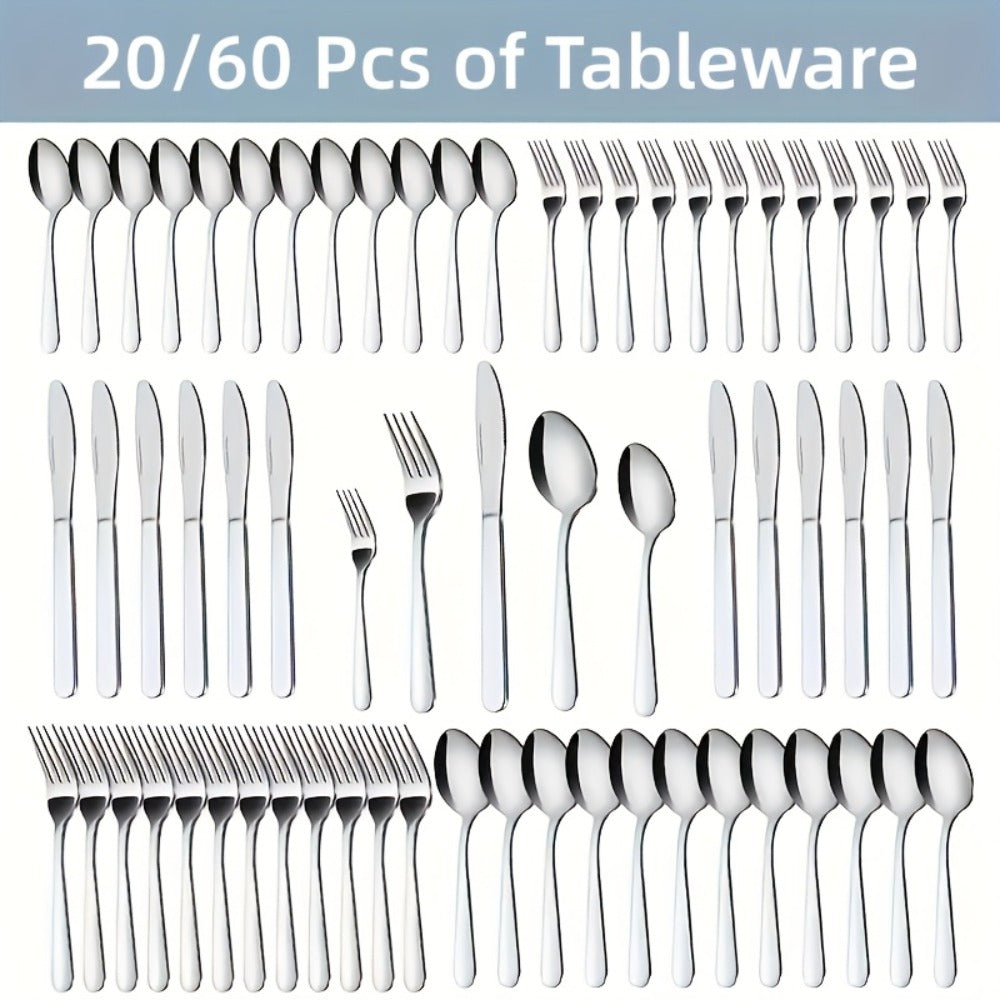 Stainless Steel Silverware Set 20 or 60 Piece – Heavy Duty Commercial Grade, Dishwasher Safe, Rust-Proof & Non-Toxic Bulk Kitchen Tableware